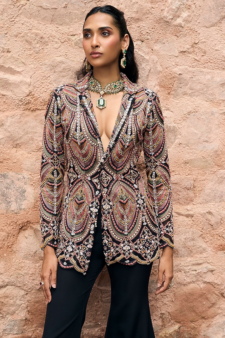 Black Organza & Net Scalloped Embroidered Blazer Set by Ridhima Bhasin at Pernia's Pop Up Shop