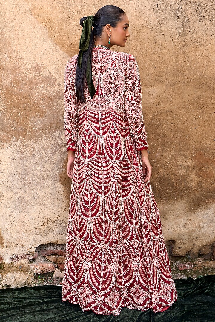 Red Organza Scalloped Embroidered Jacket Set by Ridhima Bhasin at Pernia's Pop Up Shop