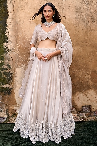 Gold Organza Foil Tissue Embellished Lehenga Set by Ridhima Bhasin