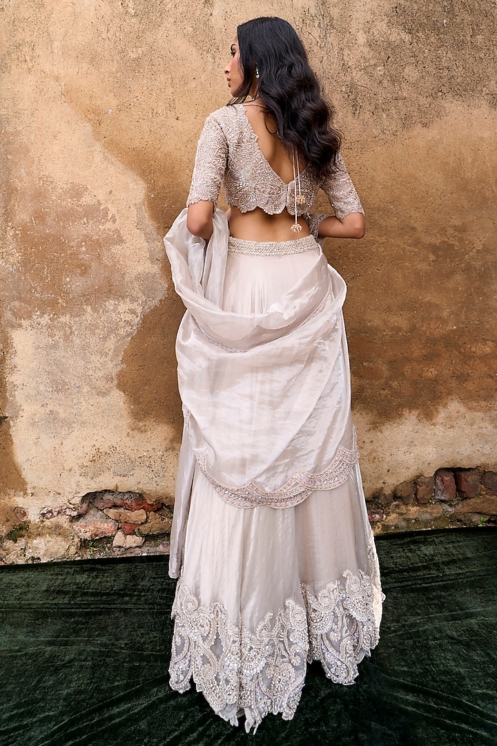 Gold Organza Foil Tissue Embellished Bridal Lehenga Set by Ridhima Bhasin at Pernia's Pop Up Shop