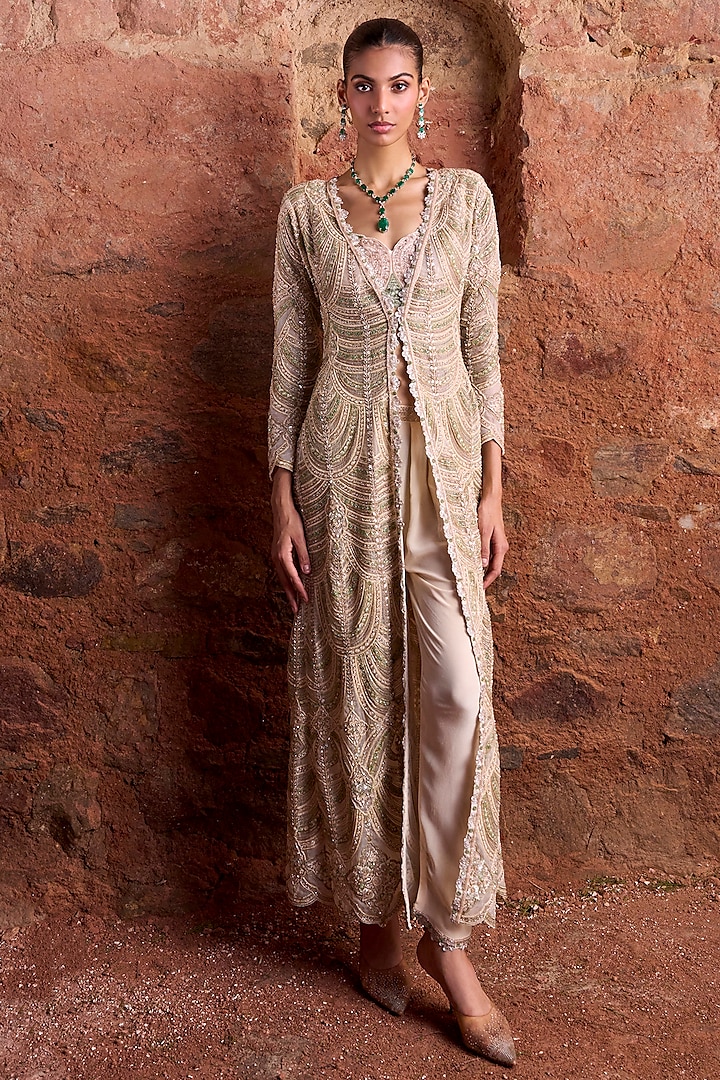 Gold & Green Organza Embellished Jacket Set by Ridhima Bhasin at Pernia's Pop Up Shop