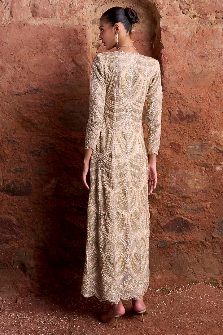 Gold & Green Organza Embellished Jacket Set by Ridhima Bhasin at Pernia's Pop Up Shop
