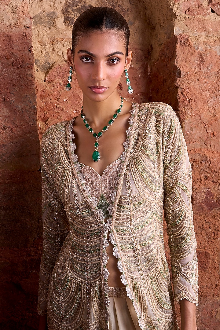 Gold & Green Organza Embellished Jacket Set by Ridhima Bhasin at Pernia's Pop Up Shop