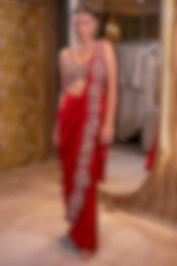 Red Flat Chiffon Embellished Pre-Draped Saree Set by Ridhima Bhasin at Pernia's Pop Up Shop