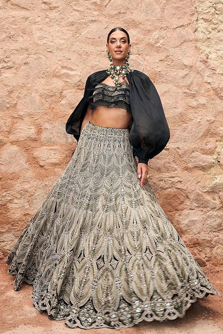 Black Organza Embroidered Jacket Bridal Lehenga Set by Ridhima Bhasin at Pernia's Pop Up Shop