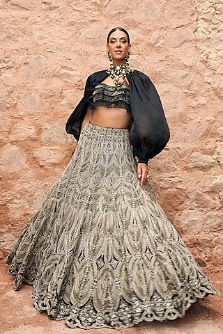 Black Organza Embroidered Jacket Lehenga Set by Ridhima Bhasin