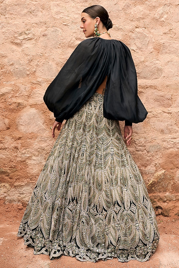 Black Organza Embroidered Jacket Bridal Lehenga Set by Ridhima Bhasin at Pernia's Pop Up Shop