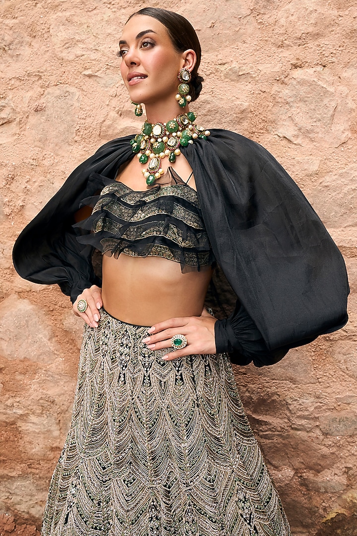 Black Organza Embroidered Jacket Bridal Lehenga Set by Ridhima Bhasin at Pernia's Pop Up Shop