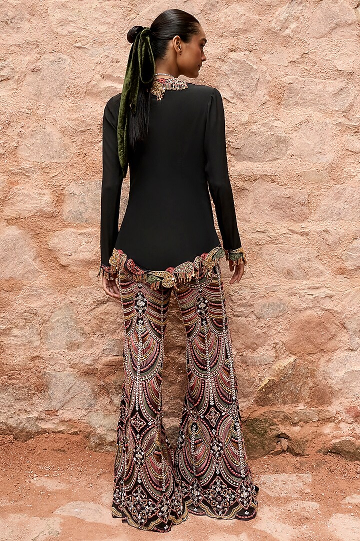 Black Pure Crepe Embroidered Pant Set by Ridhima Bhasin at Pernia's Pop Up Shop