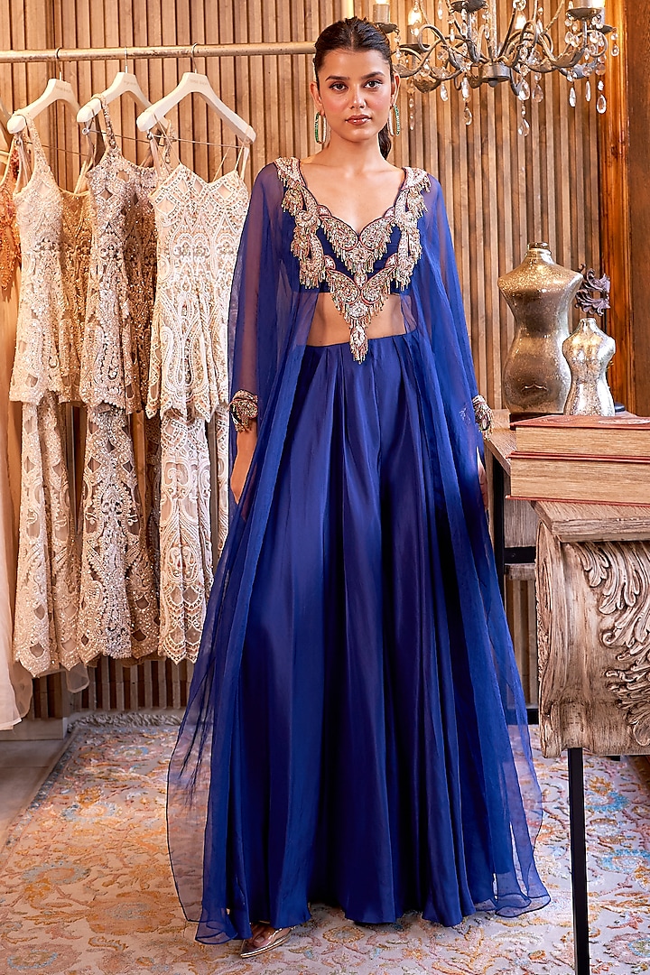 Blue Organza & Silk Embroidered Kurta Set by Ridhima Bhasin at Pernia's Pop Up Shop