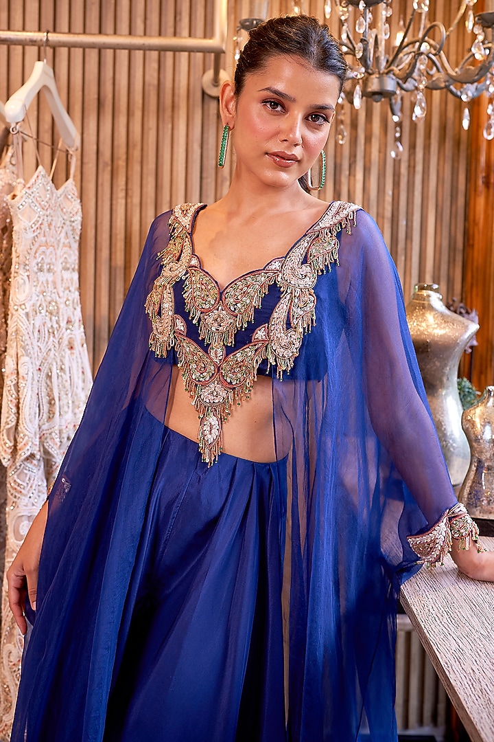 Blue Organza & Silk Embroidered Kurta Set by Ridhima Bhasin at Pernia's Pop Up Shop