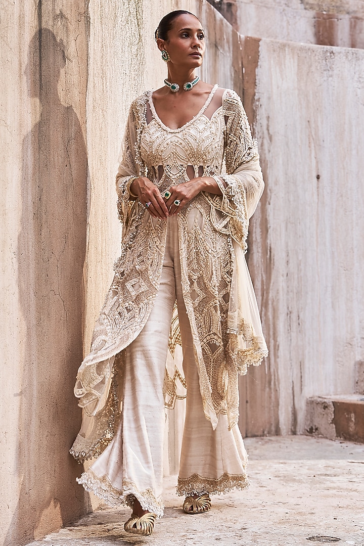 Ivory Net Embroidered Kurta Set by Ridhima Bhasin at Pernia's Pop Up Shop