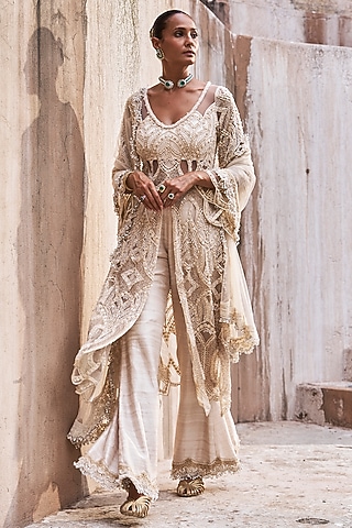 Ivory Net Embroidered Kurta Set by Ridhima Bhasin