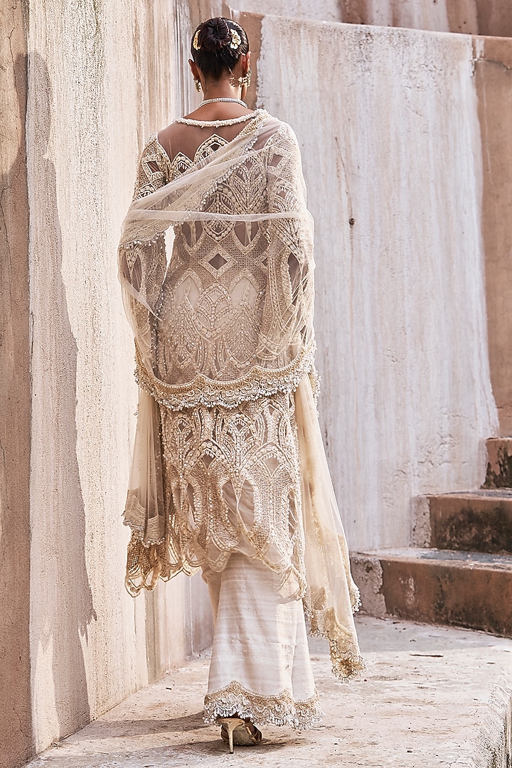 Ivory Net Embroidered Kurta Set by Ridhima Bhasin at Pernia's Pop Up Shop