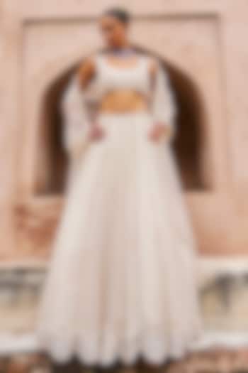 Ivory Organza Scallop Embroidered Bridal Lehenga Set by Ridhima Bhasin at Pernia's Pop Up Shop