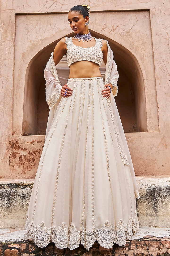 Ivory Organza Scallop Embroidered Bridal Lehenga Set by Ridhima Bhasin at Pernia's Pop Up Shop
