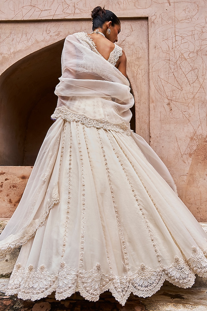 Ivory Organza Scallop Embroidered Bridal Lehenga Set by Ridhima Bhasin at Pernia's Pop Up Shop