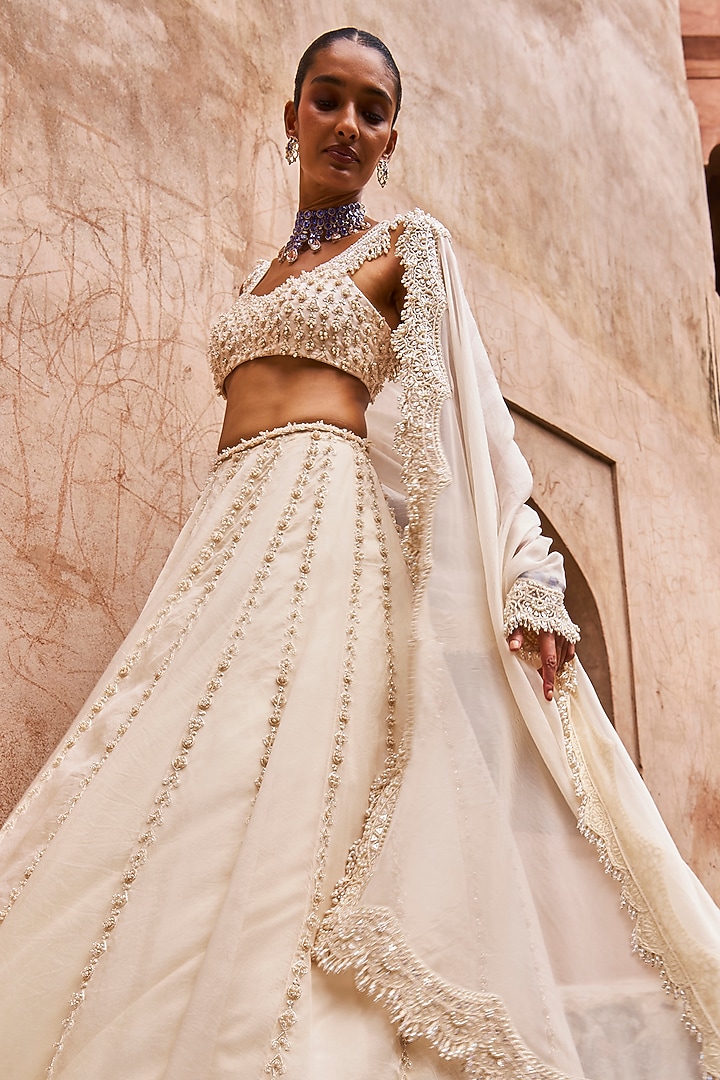Ivory Organza Scallop Embroidered Bridal Lehenga Set by Ridhima Bhasin at Pernia's Pop Up Shop