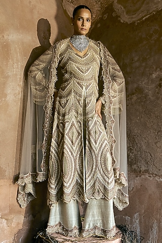 Grey Net Hand Embroidered Kurta Set by Ridhima Bhasin