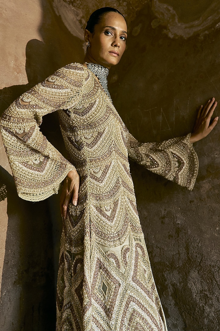 Grey Net Hand Embroidered Kurta Set by Ridhima Bhasin at Pernia's Pop Up Shop