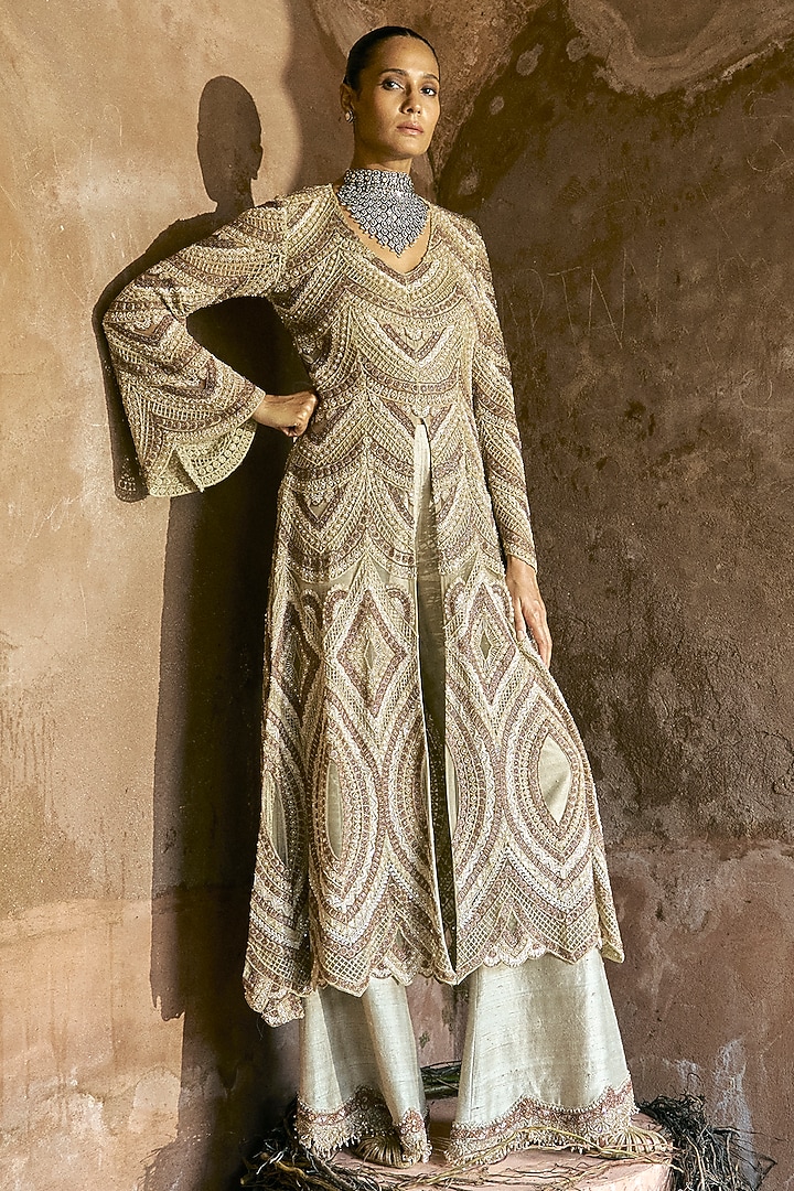 Grey Net Hand Embroidered Kurta Set by Ridhima Bhasin at Pernia's Pop Up Shop
