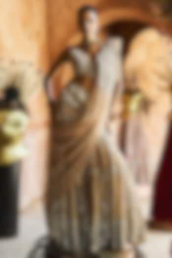 Gold Net & Organza Embroidered Flared Bridal Lehenga Set by Ridhima Bhasin at Pernia's Pop Up Shop