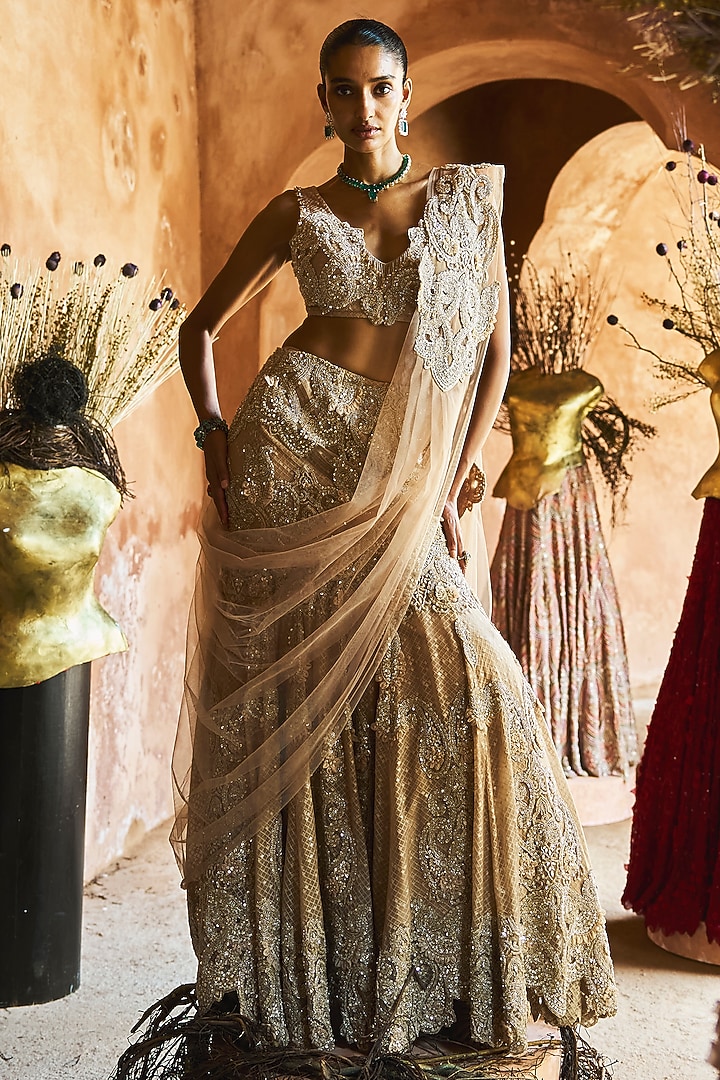 Gold Net & Organza Embroidered Flared Bridal Lehenga Set by Ridhima Bhasin at Pernia's Pop Up Shop