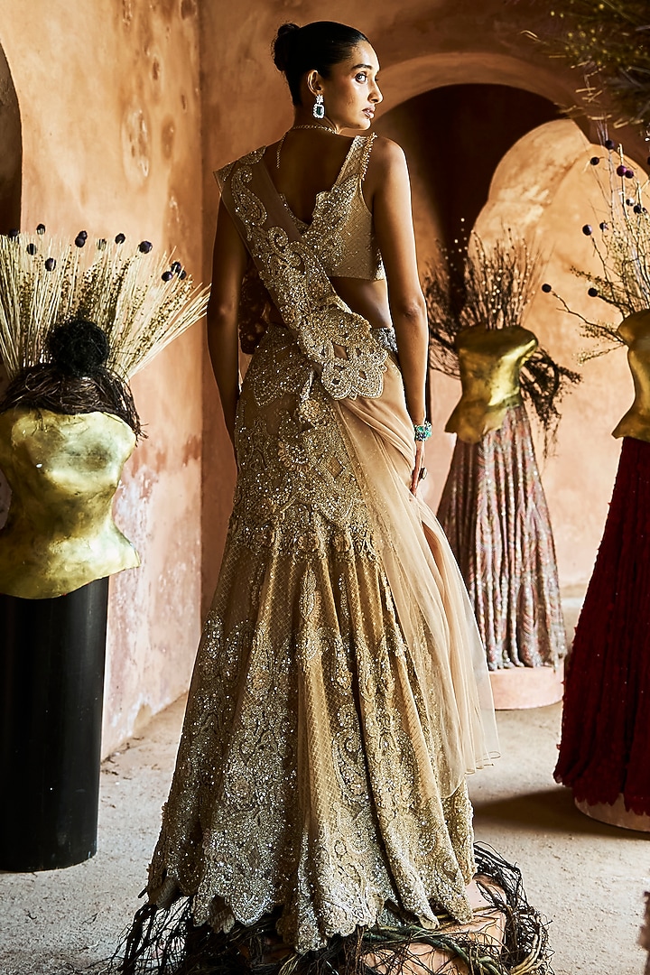 Gold Net & Organza Embroidered Flared Bridal Lehenga Set by Ridhima Bhasin at Pernia's Pop Up Shop