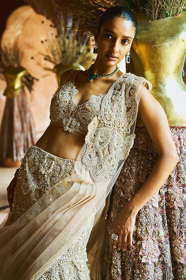 Gold Net & Organza Embroidered Flared Bridal Lehenga Set by Ridhima Bhasin at Pernia's Pop Up Shop