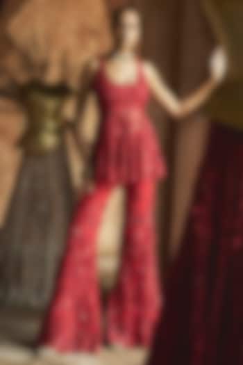 Red Net 3D Floral Hand Embroidered Flared Pant Set by Ridhima Bhasin at Pernia's Pop Up Shop
