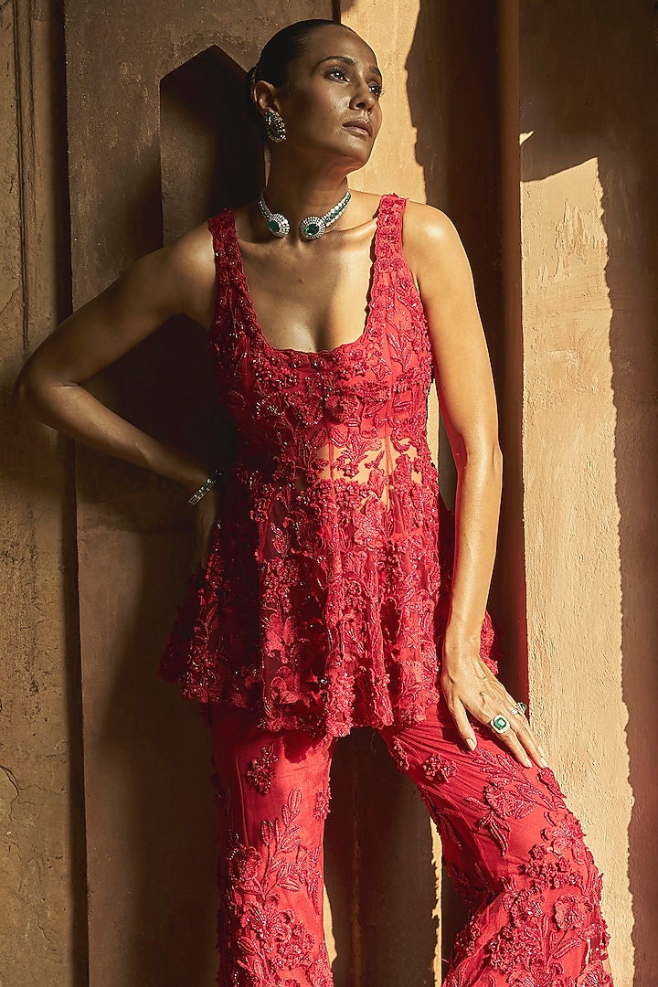 Red Net 3D Floral Hand Embroidered Flared Pant Set by Ridhima Bhasin at Pernia's Pop Up Shop