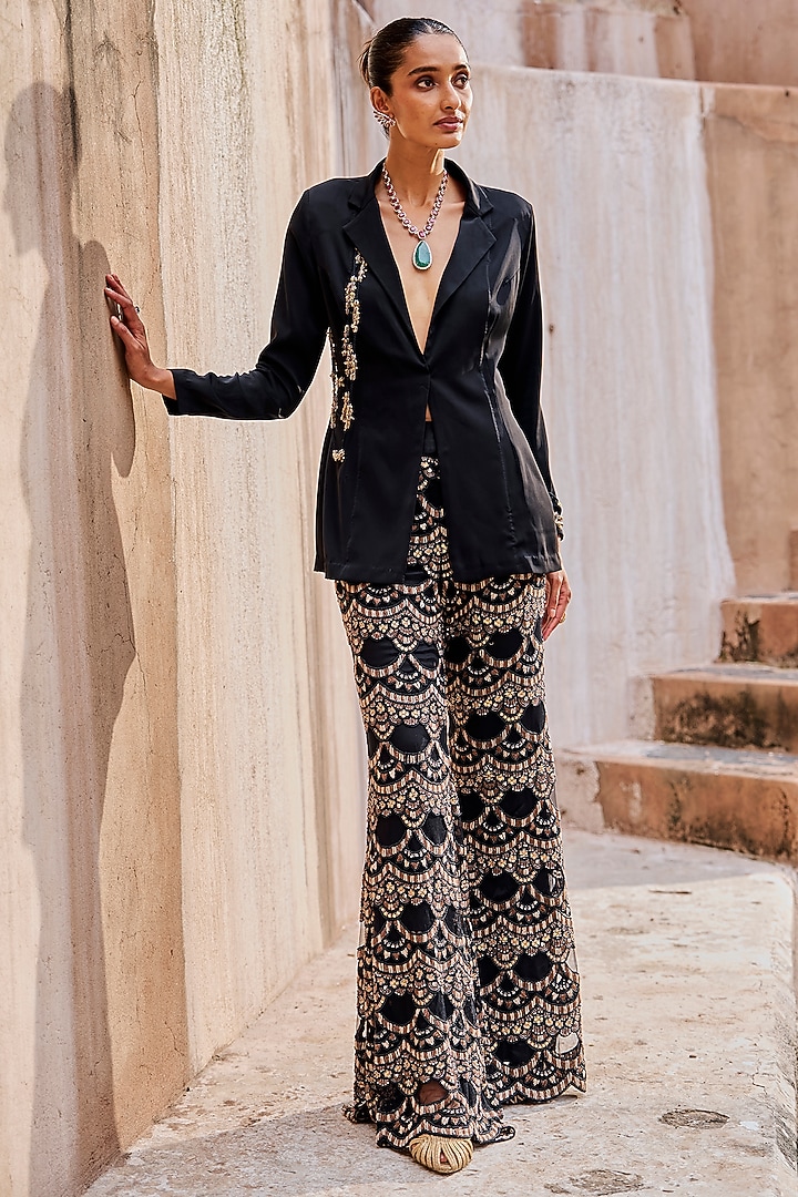 Black Net Hand Embroidered Flared Pant Set by Ridhima Bhasin at Pernia's Pop Up Shop