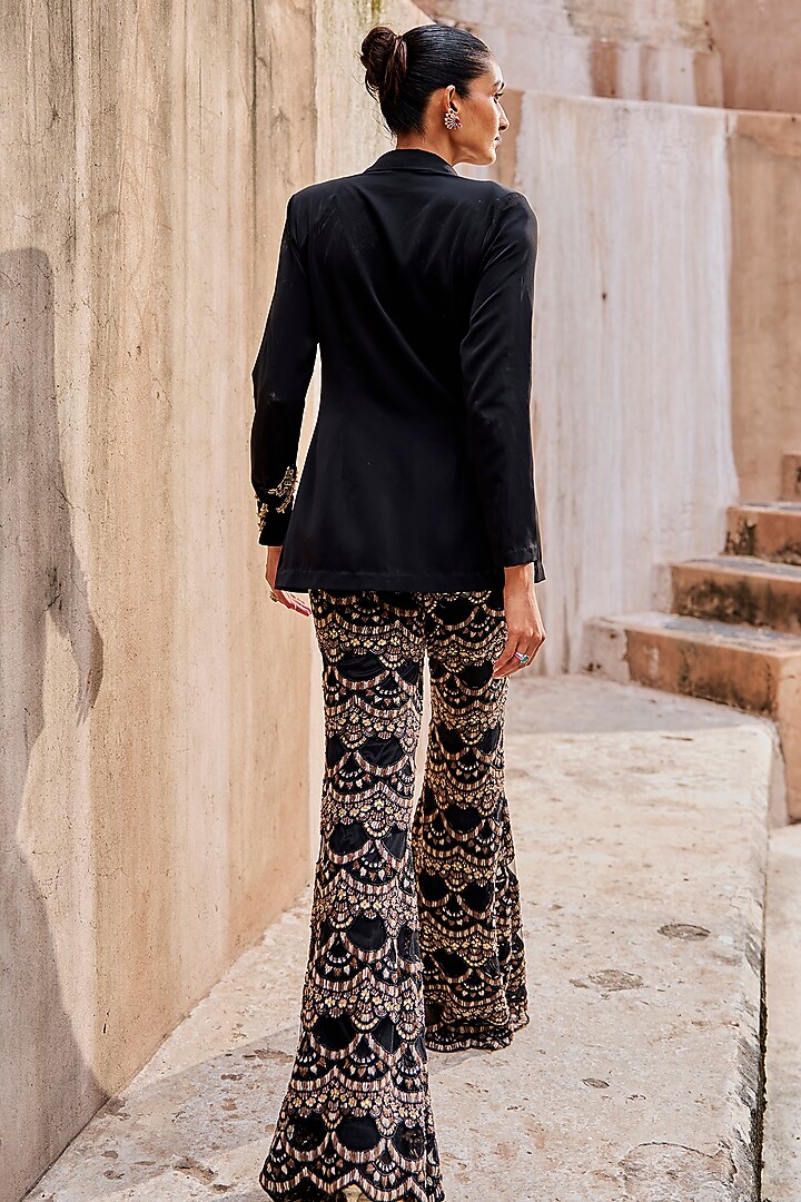 Black Net Hand Embroidered Flared Pant Set by Ridhima Bhasin at Pernia's Pop Up Shop