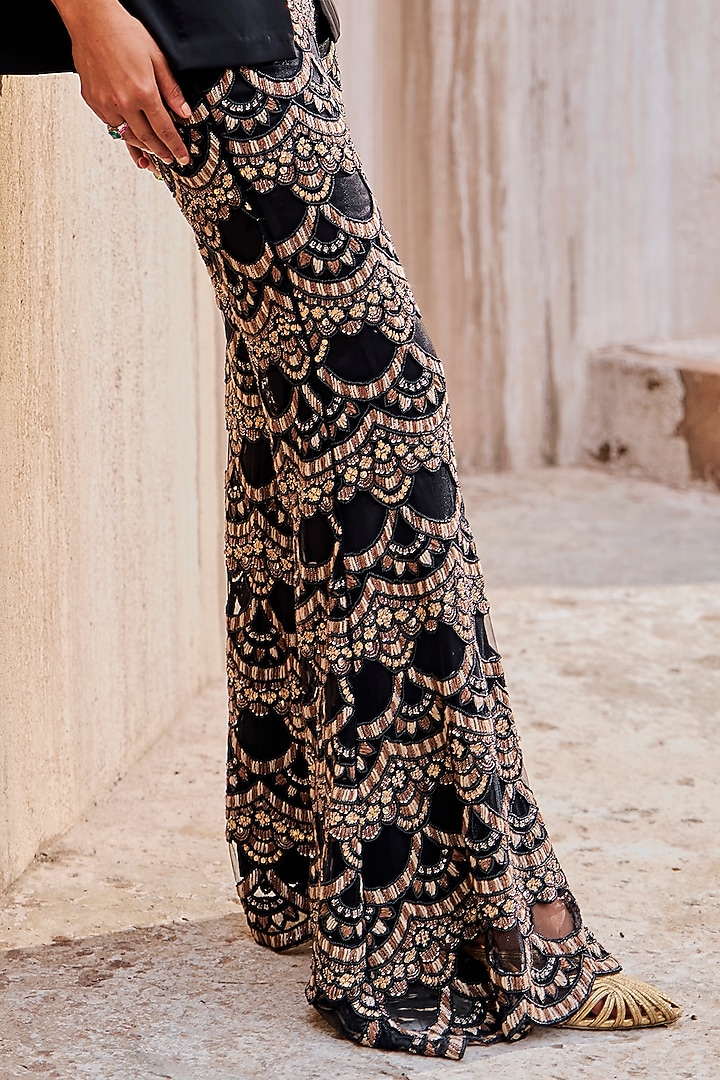 Black Net Hand Embroidered Flared Pant Set by Ridhima Bhasin at Pernia's Pop Up Shop