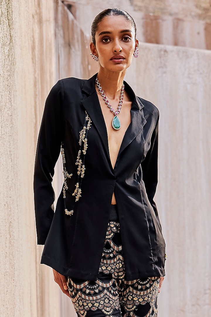 Black Net Hand Embroidered Flared Pant Set by Ridhima Bhasin at Pernia's Pop Up Shop