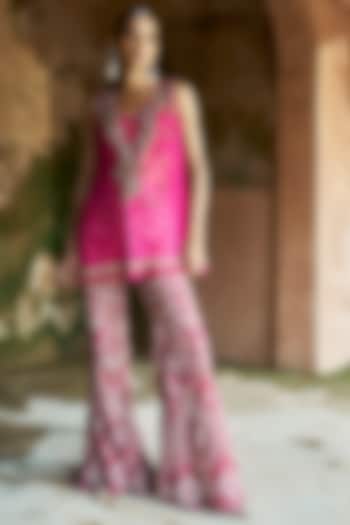 Fuchsia Net & Organza Embroidered Pant Set by Ridhima Bhasin at Pernia's Pop Up Shop