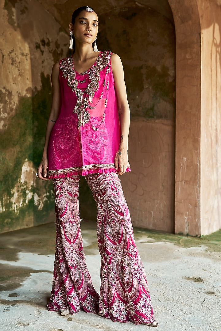 Fuchsia Net & Organza Embroidered Pant Set by Ridhima Bhasin at Pernia's Pop Up Shop