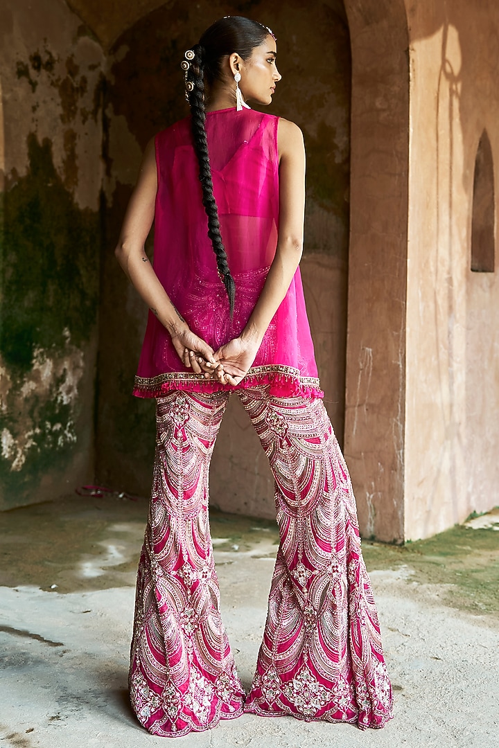 Fuchsia Net & Organza Embroidered Pant Set by Ridhima Bhasin at Pernia's Pop Up Shop