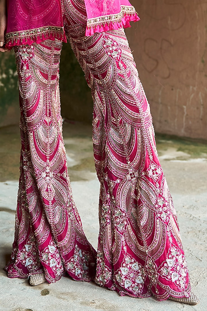 Fuchsia Net & Organza Embroidered Pant Set by Ridhima Bhasin at Pernia's Pop Up Shop