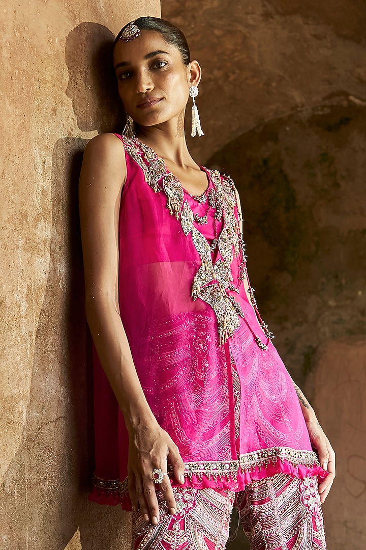 Fuchsia Net & Organza Embroidered Pant Set by Ridhima Bhasin at Pernia's Pop Up Shop