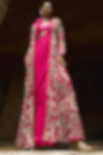 Fuchsia Organza & Chiffon Ruffled Jacket Bridal Saree Set by Ridhima Bhasin at Pernia's Pop Up Shop