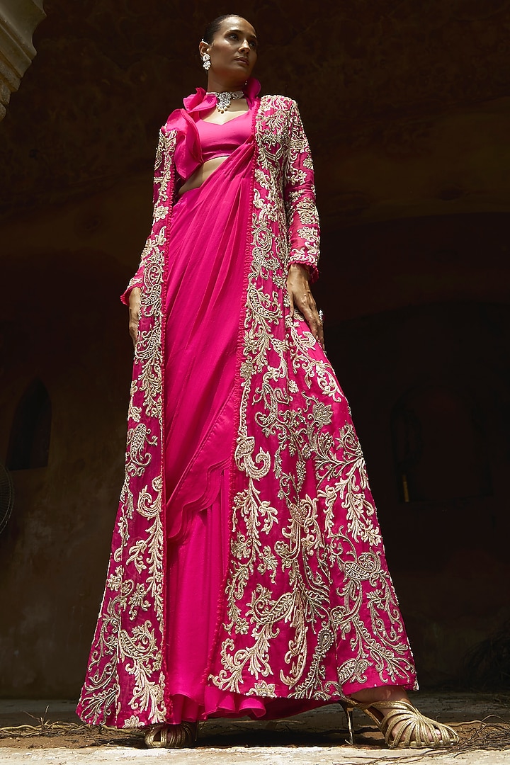 Fuchsia Organza & Chiffon Ruffled Jacket Bridal Saree Set by Ridhima Bhasin at Pernia's Pop Up Shop