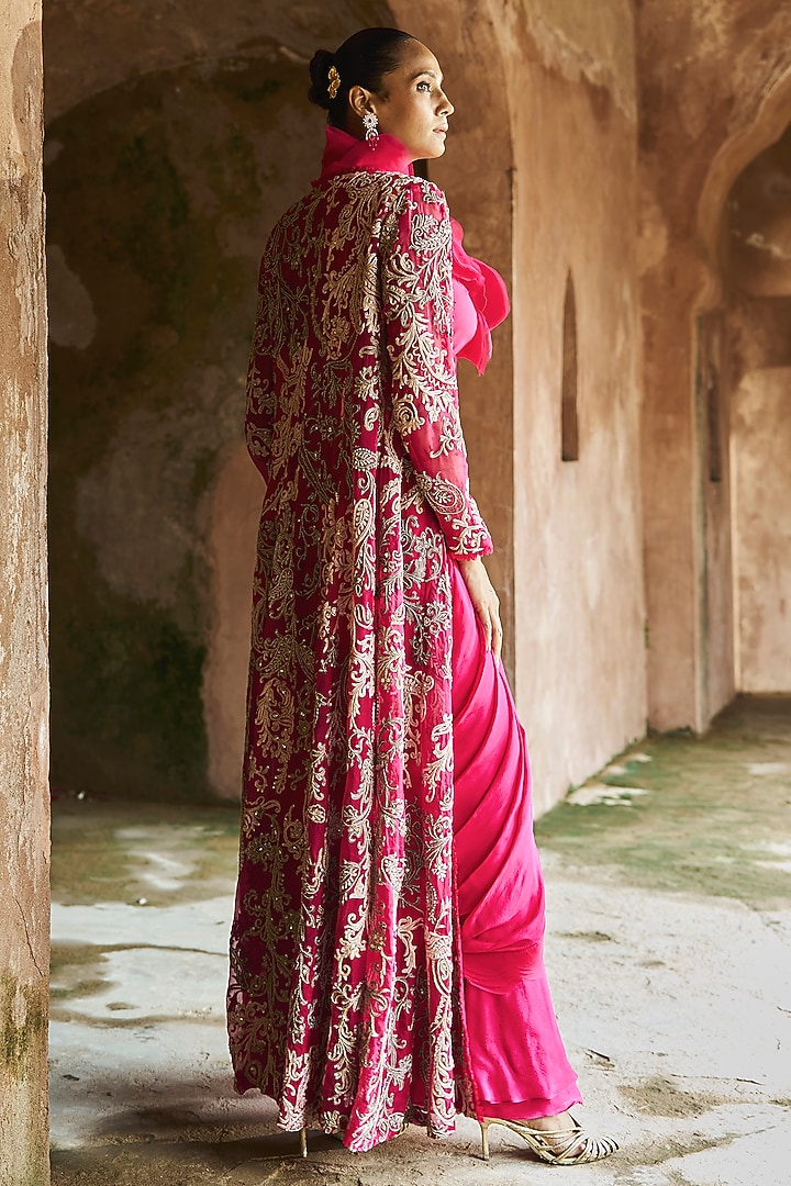 Fuchsia Organza & Chiffon Ruffled Jacket Bridal Saree Set by Ridhima Bhasin at Pernia's Pop Up Shop