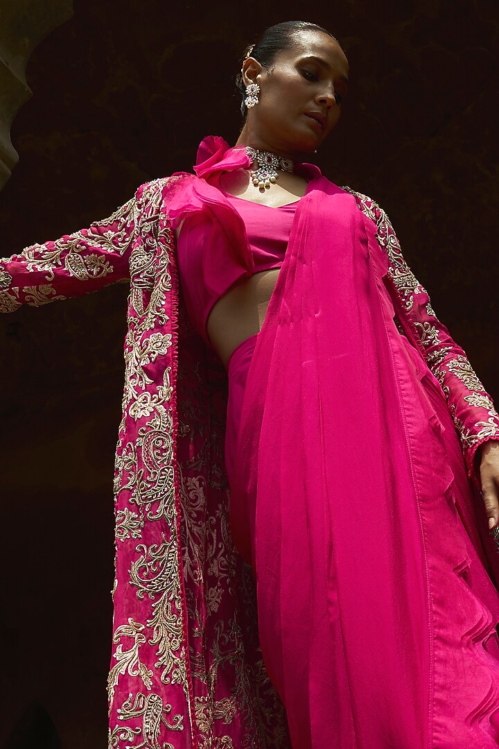 Fuchsia Organza & Chiffon Ruffled Jacket Bridal Saree Set by Ridhima Bhasin at Pernia's Pop Up Shop