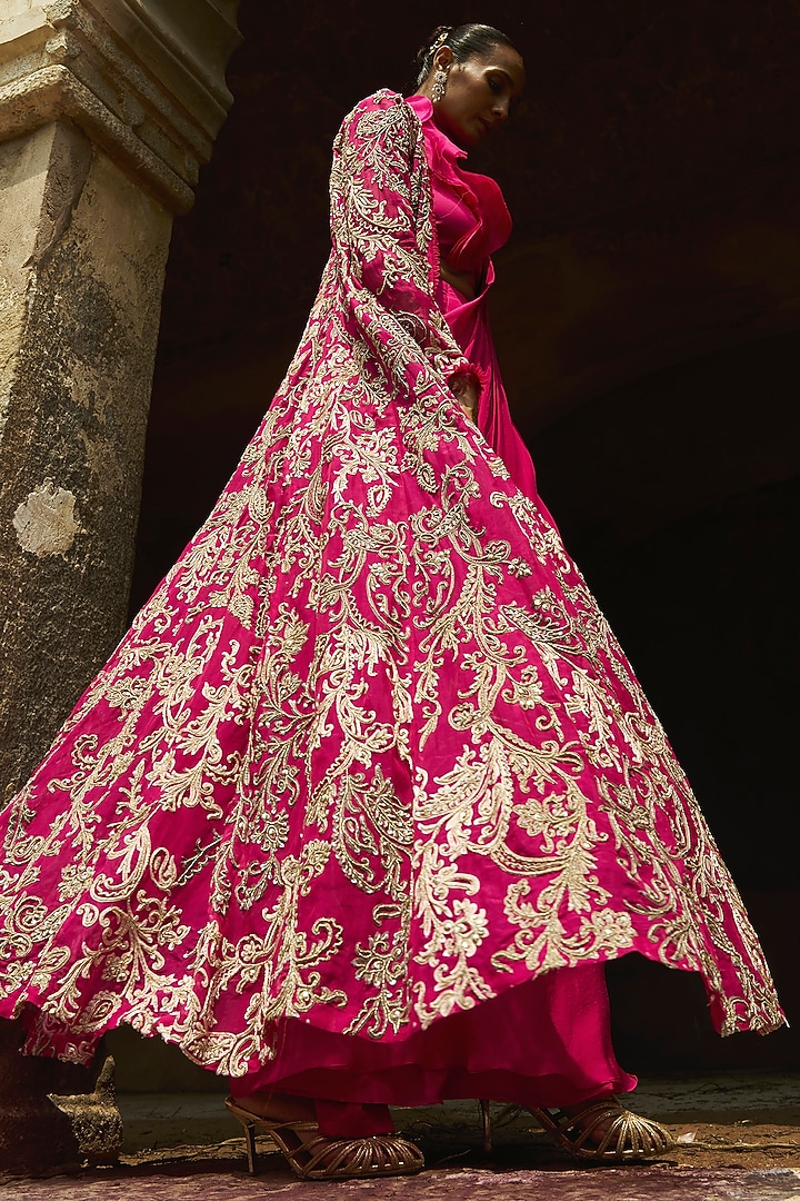 Fuchsia Organza & Chiffon Ruffled Jacket Bridal Saree Set by Ridhima Bhasin at Pernia's Pop Up Shop