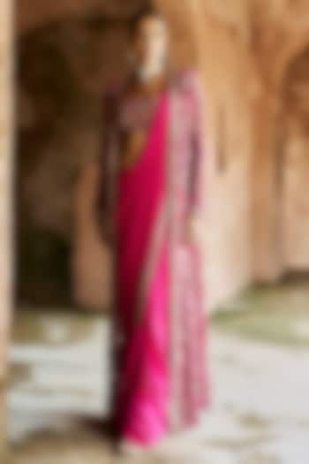Fuchsia Net & Chiffon Embroidered Jacket Bridal Saree Set by Ridhima Bhasin at Pernia's Pop Up Shop