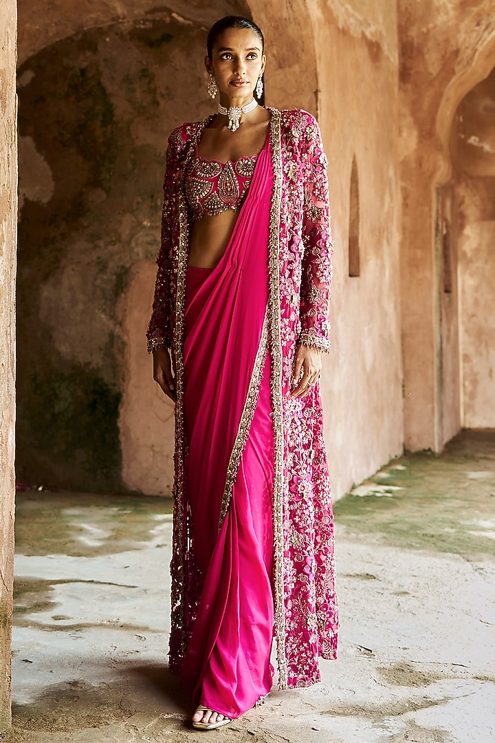 Fuchsia Net & Chiffon Embroidered Jacket Bridal Saree Set by Ridhima Bhasin at Pernia's Pop Up Shop