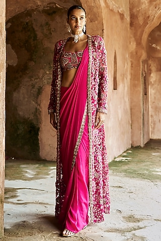Fuchsia Net & Chiffon Embroidered Jacket Saree Set by Ridhima Bhasin
