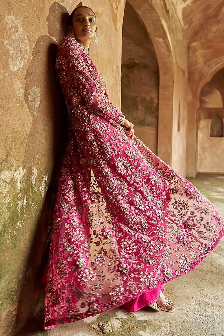 Fuchsia Net & Chiffon Embroidered Jacket Bridal Saree Set by Ridhima Bhasin at Pernia's Pop Up Shop