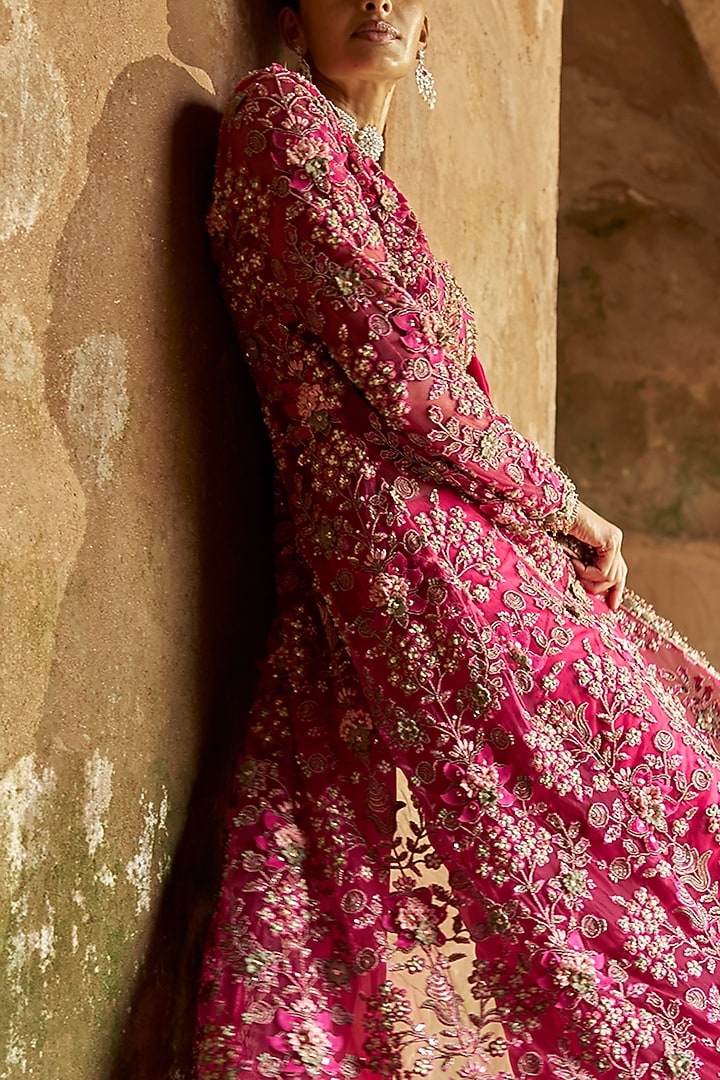 Fuchsia Net & Chiffon Embroidered Jacket Bridal Saree Set by Ridhima Bhasin at Pernia's Pop Up Shop